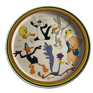 Vintage 1980s Looney Tunes Metal Tin Plate Bugs Bunny Tweety Sylvester